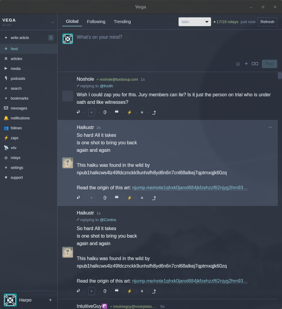 Vega global feed showing real-time Nostr notes